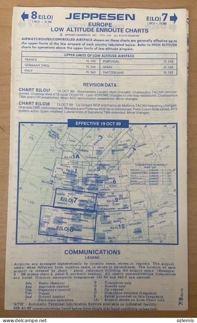 AIRPLANE FLIGHT PLAN ,JEPPESEN ,EUROPE ,LOW ALTITUDE ENROUTE CHARTS,EFFECTIVE 19 OCT 89 - Other & Unclassified