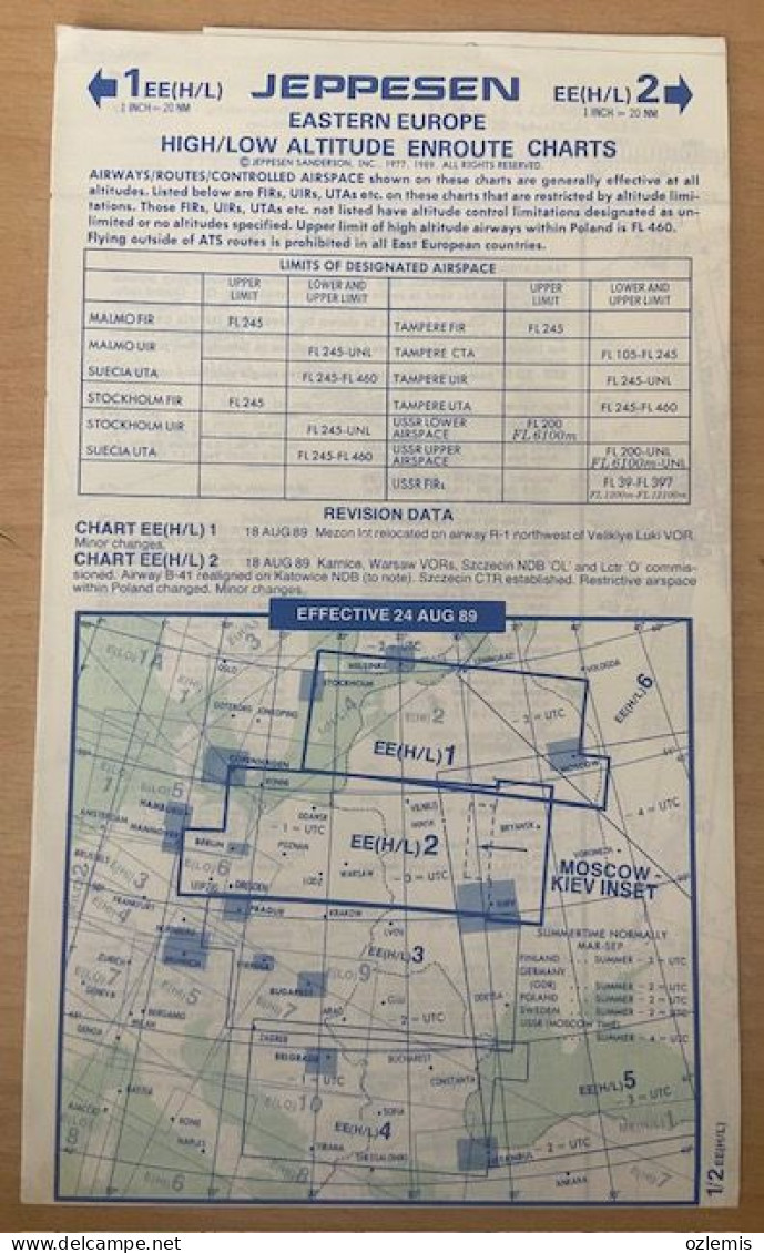 AIRPLANE FLIGHT PLAN ,JEPPESEN ,EASTERN EUROPE ,HIGH / LOW ALTITUDE ENROUTE CHARTS,EFFECTIVE 24 AUG 89 - Sonstige & Ohne Zuordnung