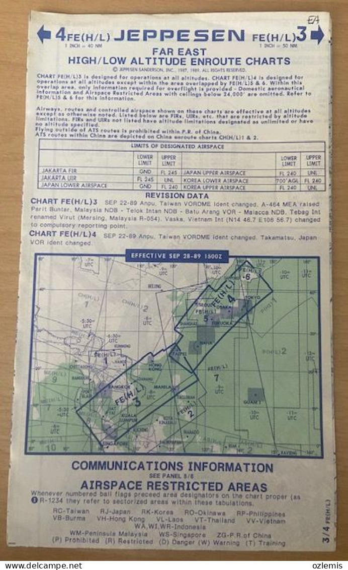 AIRPLANE FLIGHT PLAN ,JEPPESEN ,FAR EAST ,HIGH / LOW ALTITUDE ENROUTE CHARTS,EFFECTIVE SEP 28-89 1500Z - Andere & Zonder Classificatie