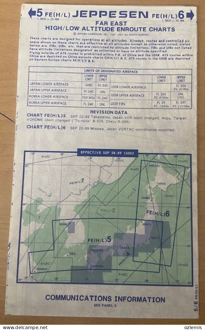 AIRPLANE FLIGHT PLAN ,JEPPESEN ,FAR EAST ,HIGH / LOW ALTITUDE ENROUTE CHARTS,EFFECTIVE SEP 28-89 1500Z - Altri & Non Classificati