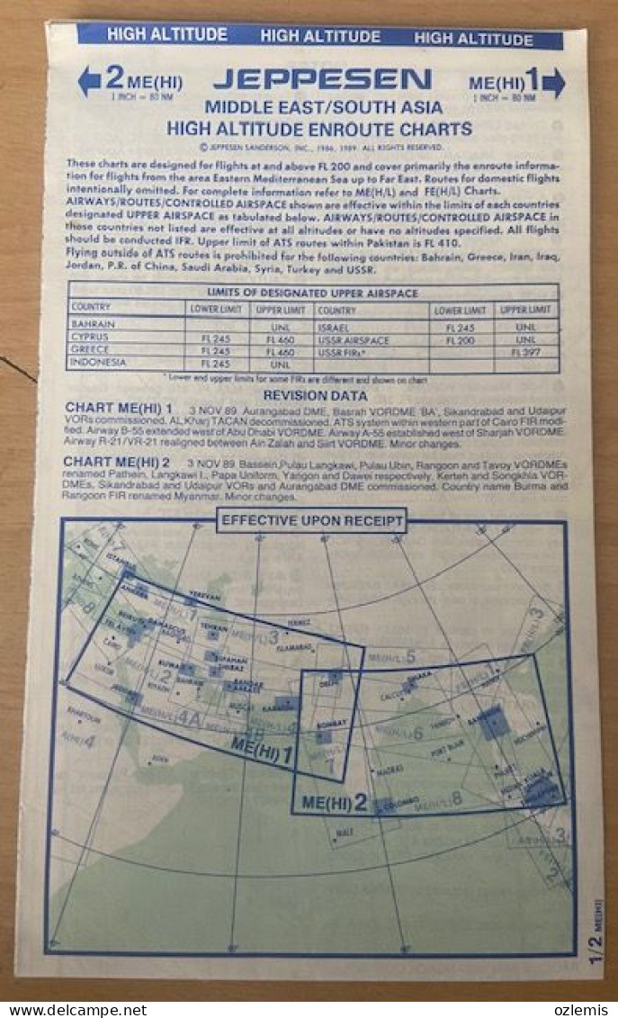 AIRPLANE FLIGHT PLAN ,JEPPESEN ,MIDDLE EAST /SOUTH ASIA,HIGH ALTITUDE ENROUTE CHARTS,EFFECTIVE UPON RECEIPT - Other & Unclassified