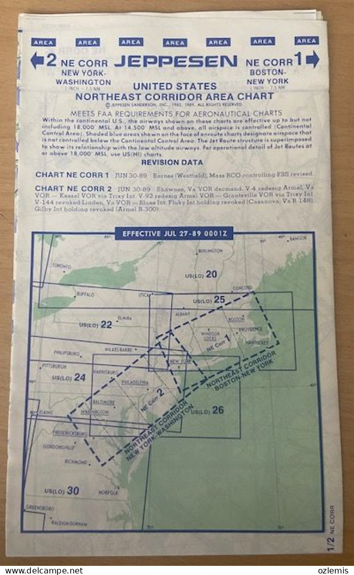 AIRPLANE FLIGHT PLAN ,JEPPESEN ,UNITED STATES ,NORTHEAST CORRIDOR AREA CHART,EFFECTIVE JUL 27-89 0001Z - Altri & Non Classificati