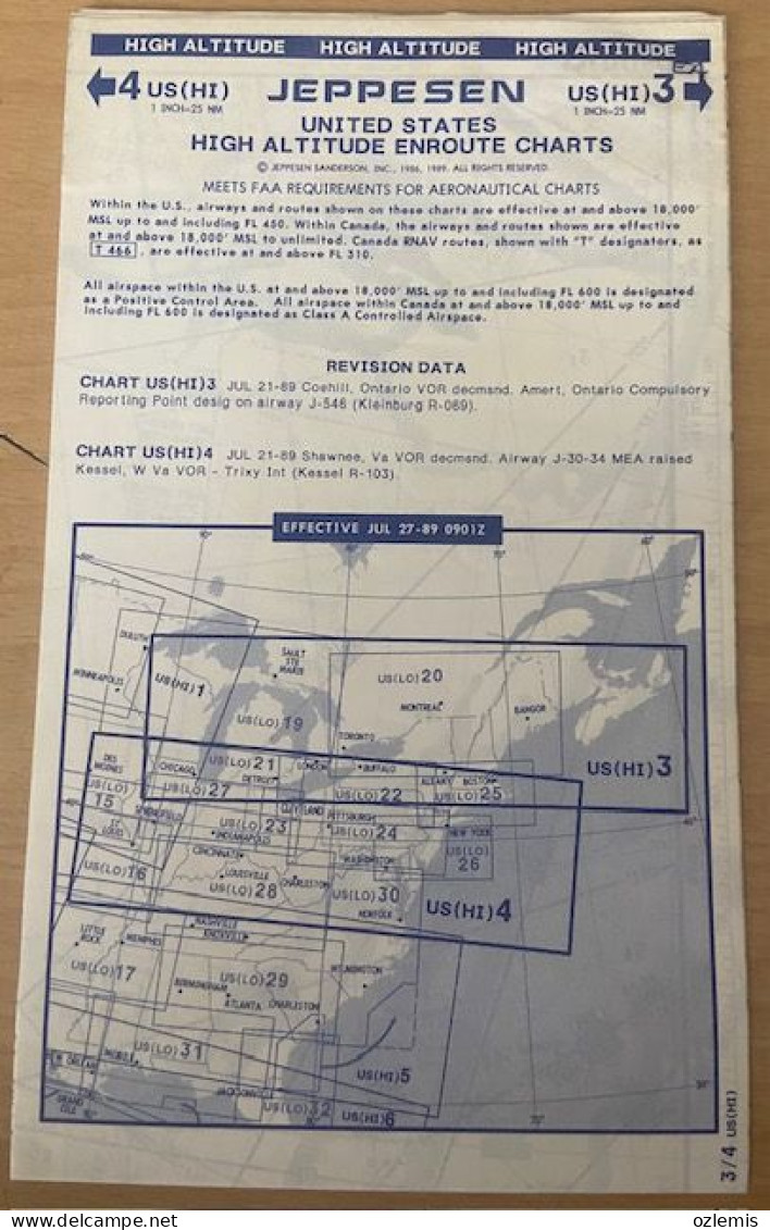 AIRPLANE FLIGHT PLAN ,JEPPESEN ,UNITED STATES  ,HIGH ALTITUDE ENROUTE CHARTS,EFFECTIVE JUL 27-89 0901Z - Altri & Non Classificati