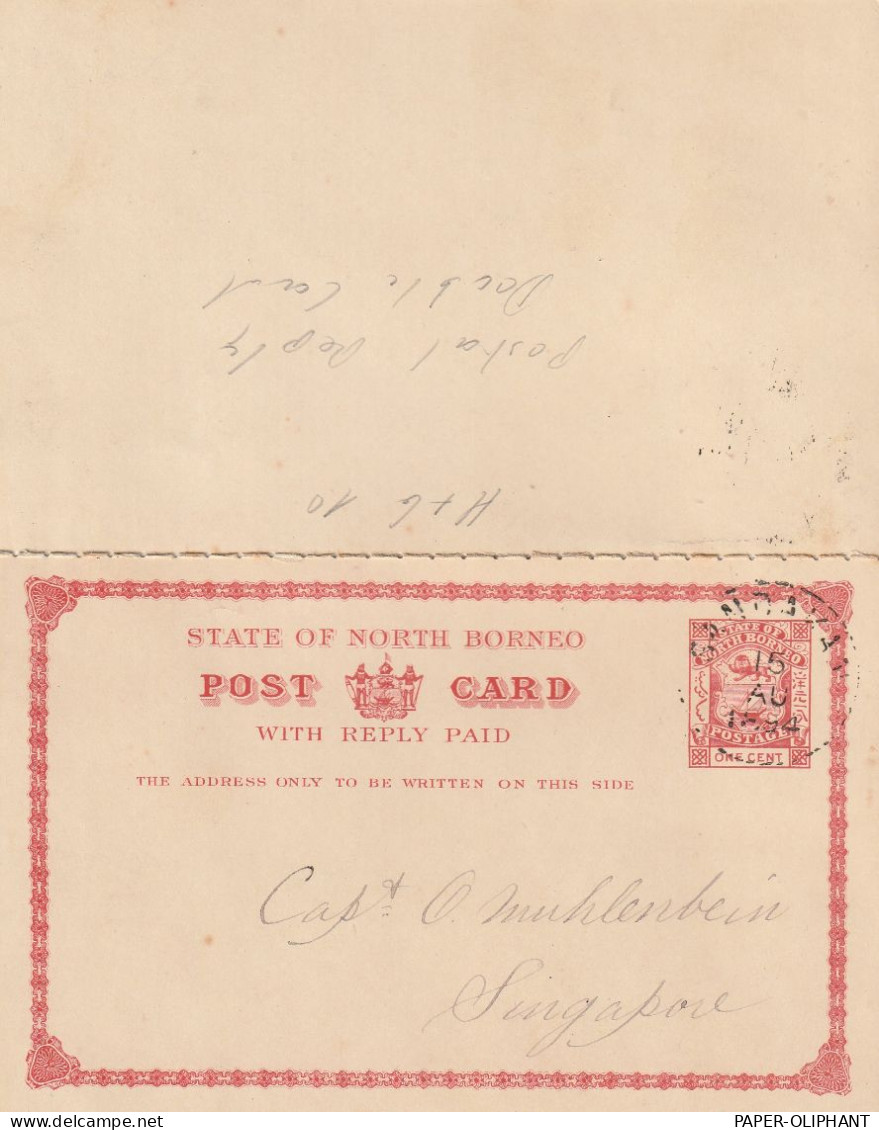 NORTH BORNEO - 1894, H&G 10, Postal Stationery 1cent, Postal Reply Double Card, Postmark Sandakan 15 AU 1894 - Nordborneo (...-1963)