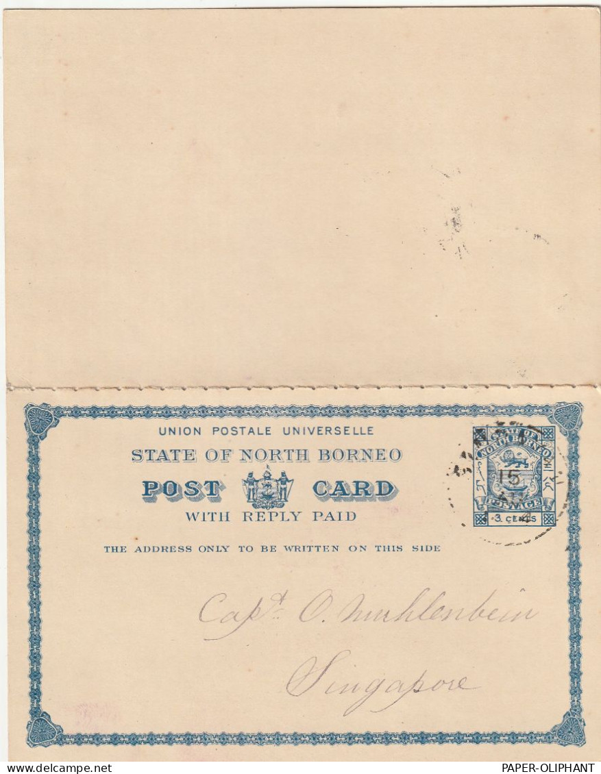 NORTH BORNEO - 1894, , Postal Stationery 3cents, Postal Reply Double Card, Postmark Sandakan 15 AU 1894 - North Borneo (...-1963)