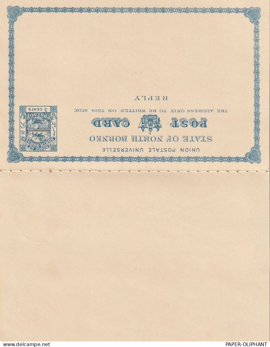 NORTH BORNEO - 1894, , Postal Stationery 3cents, Postal Reply Double Card, Postmark Sandakan 15 AU 1894 - Nordborneo (...-1963)