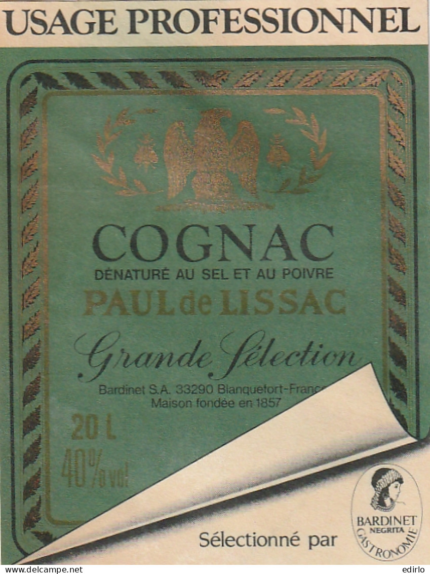 ***  ETIQUETTE ***   COGNAC  à Usage Professionnel -- Dénaturé Pour Cuisine  - Altri & Non Classificati