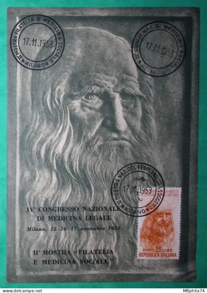MAX CARD LEONARDO DA VINCI 25 LIRE REPUBLICA ITALIANA CONGRESSO NAZIONALE DI MEDICINA LEGALE 1953 - Maximum Cards