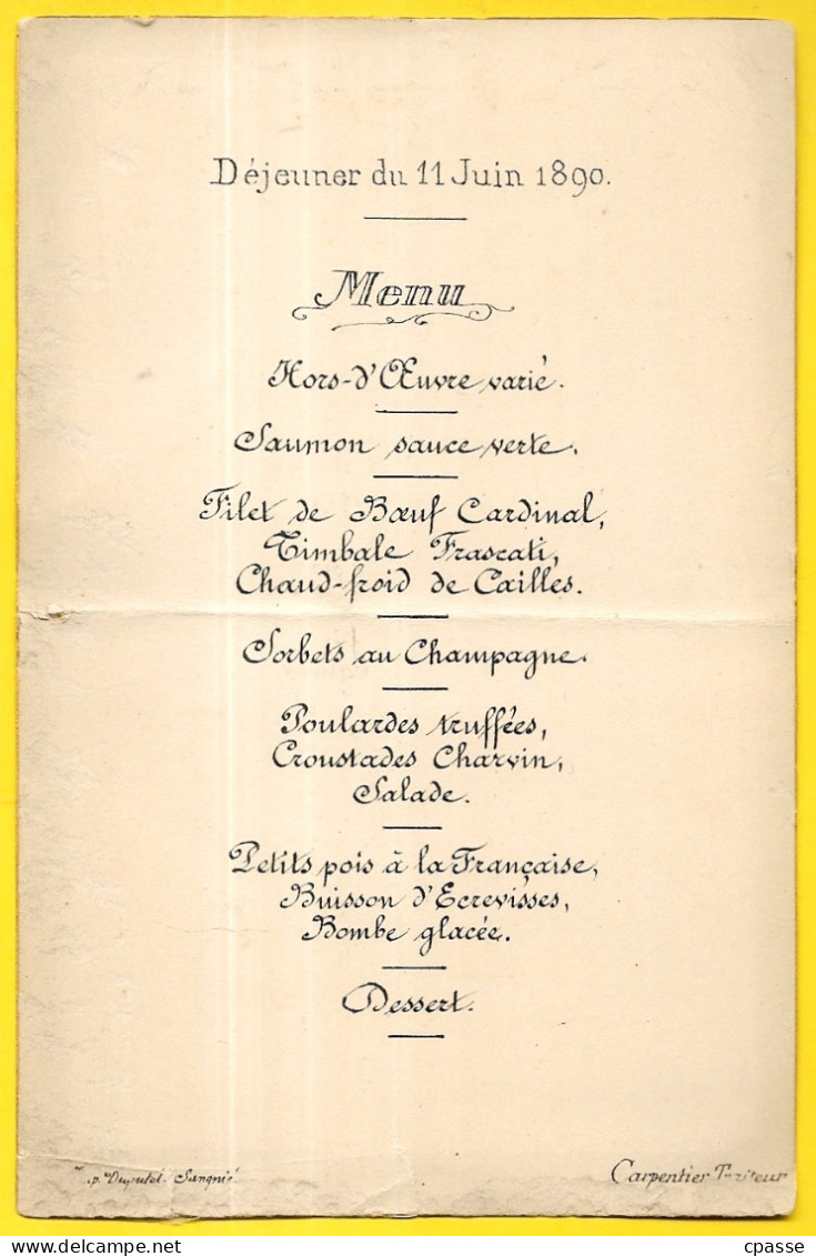 En L'état MENU Juin 1890 "Carpentier Traiteur" - Menus