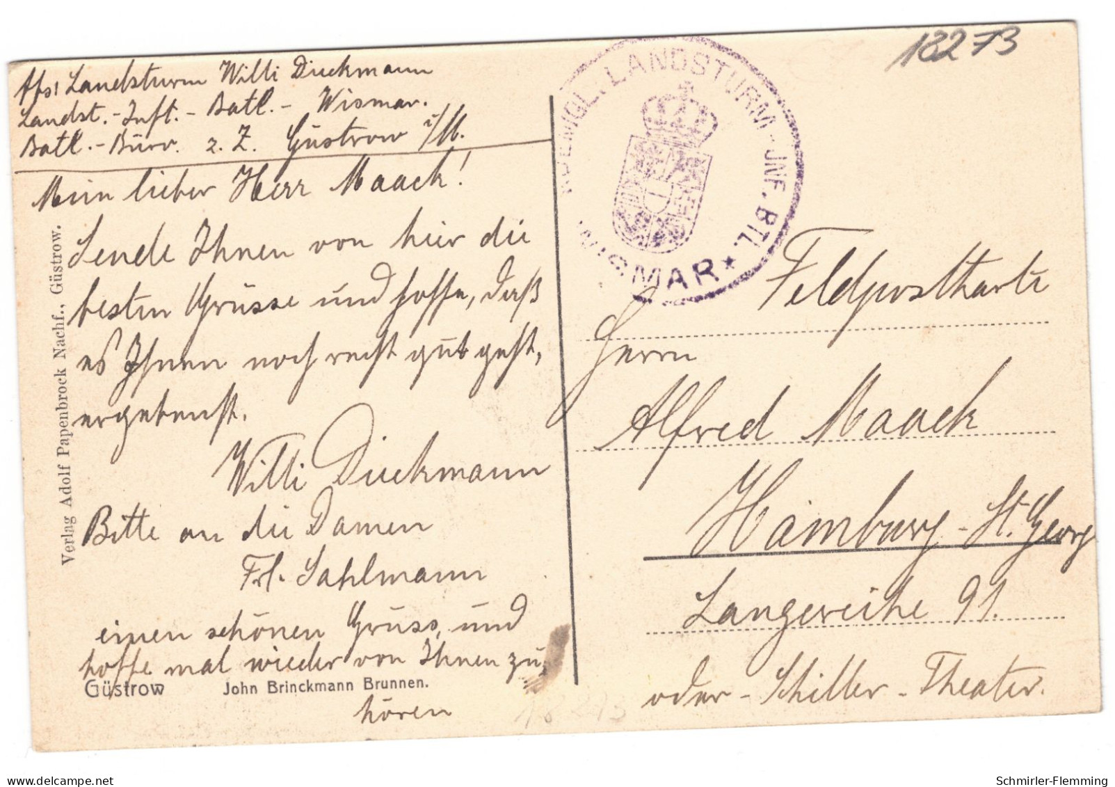 Postkarte Güstrow -Brunen Fuchs & Igel/John Brinckmann, S/w, 1917, Orig. Gelaufen Nach Hamburg, I-II - Guestrow