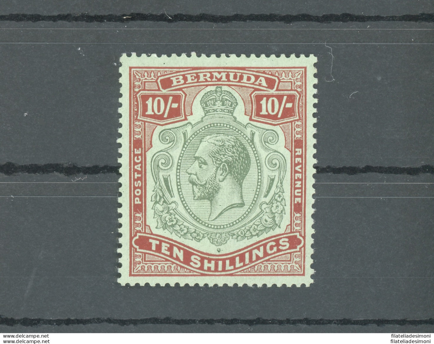 1924-32 BERMUDA, Stanley Gibbons N. 92, GEORGE V Portrait, 10s. Green And Red/pale Emerald, MNH** - Autres & Non Classés