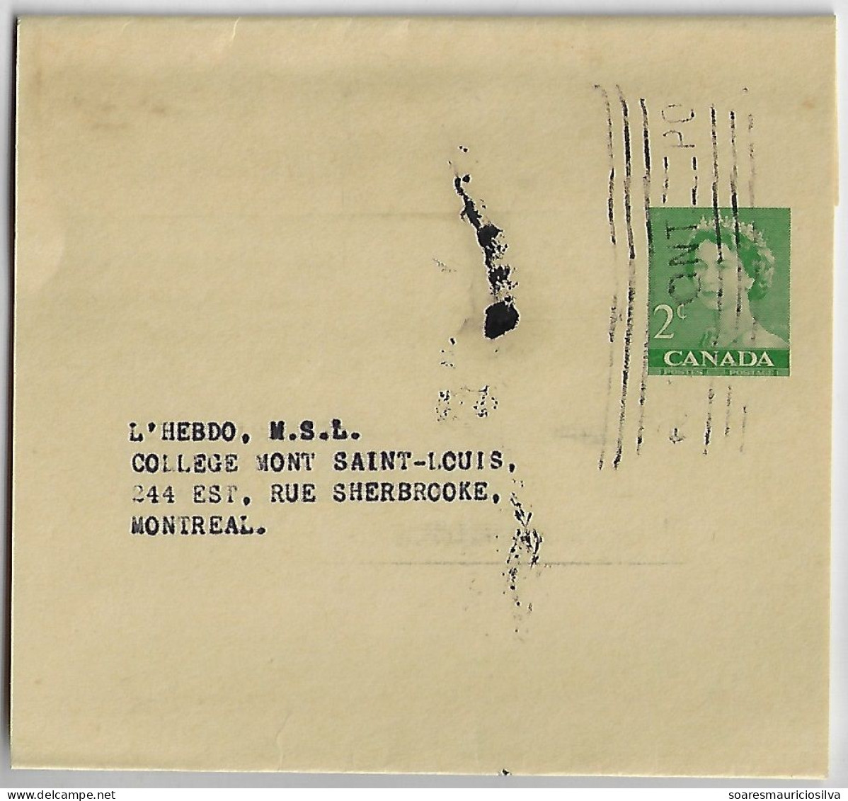 Canada 1950s Postal Stationery Wrapper Stamp 2 Cents Queen Elizabeth II Sent From Ontario To Montreal - 1953-.... Reinado De Elizabeth II