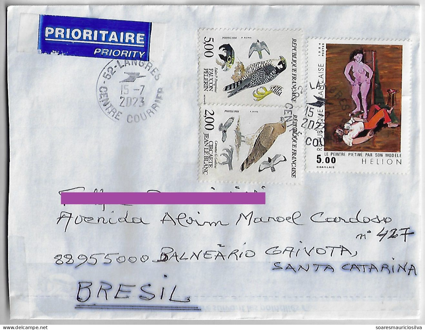 France 2023 Priority Cover Sent From Langres To Balneário Gaivota Brazil 3 Stamp Falcon Eagle Painting By Jean Hélion - Cartas & Documentos