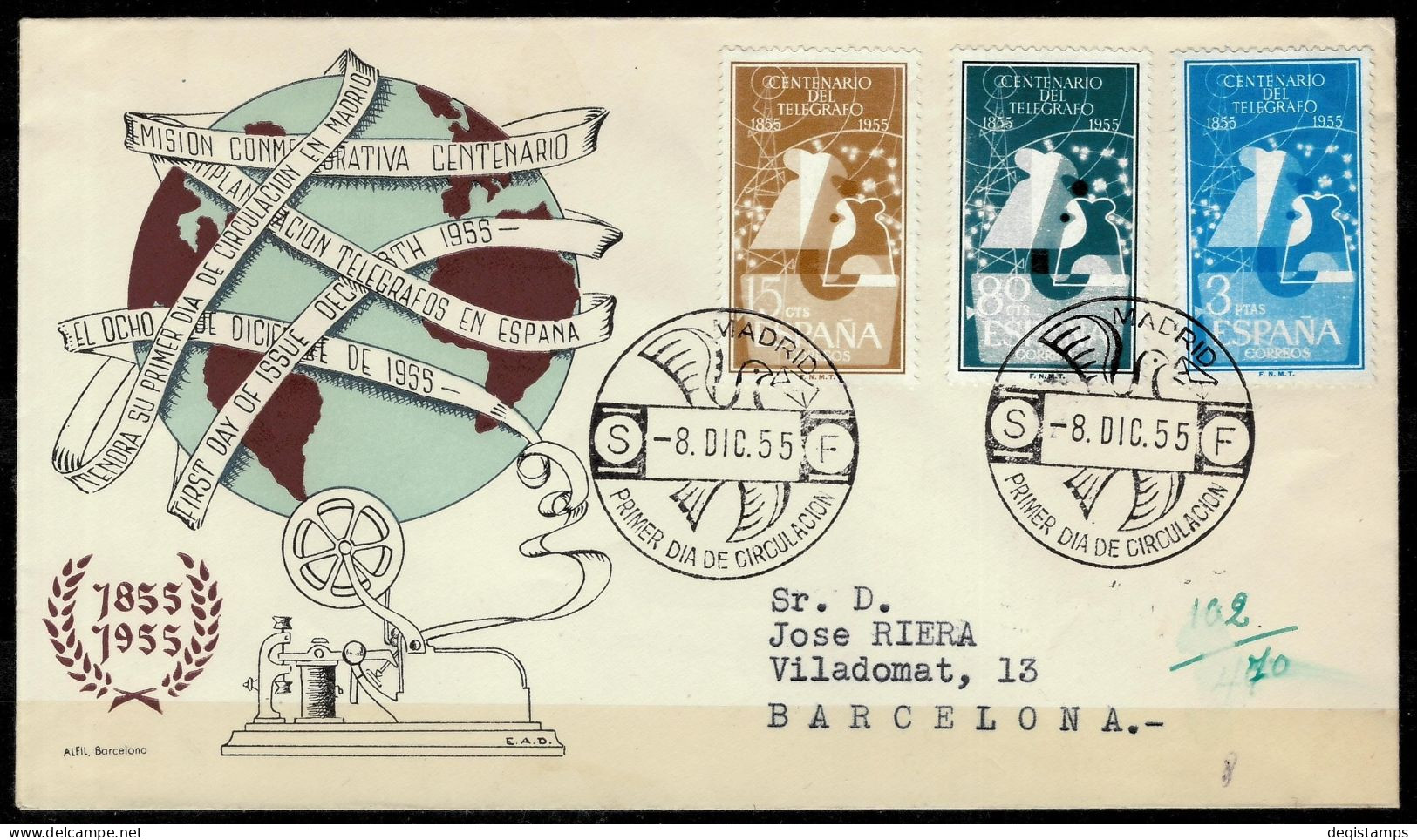 Spain Year 1955 / 100th Anniversary Of The Telegraph - Traveled First Day Cover - FDC
