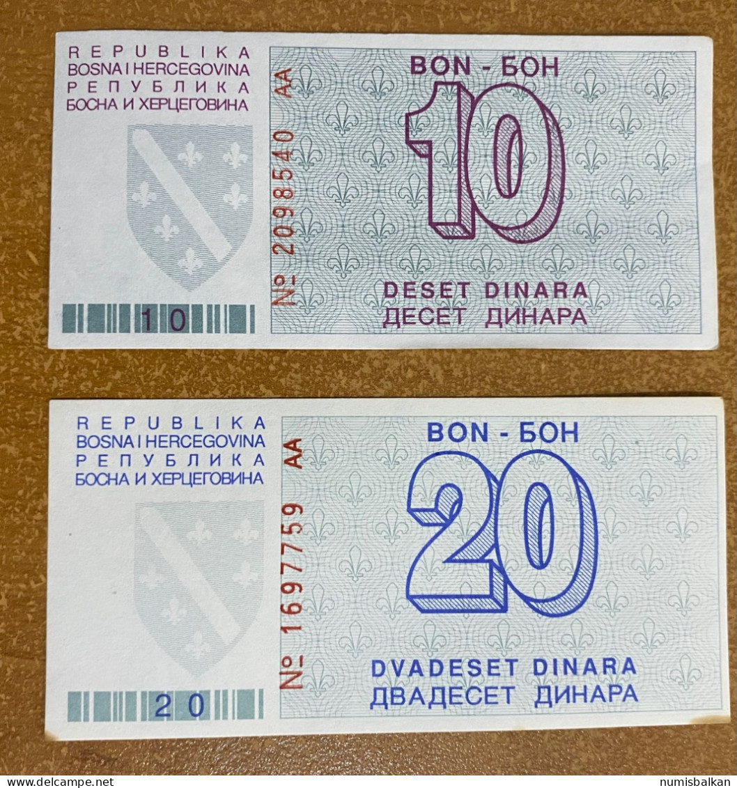 Bosnia, 10 And 20 Dinara 1992, Pick-21, 22, XF - Bosnië En Herzegovina