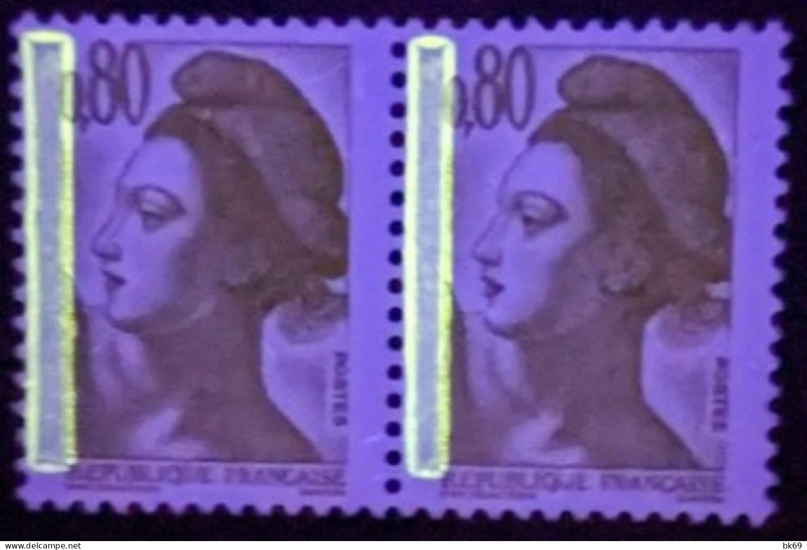 2241a**Liberté 80c Olive En Paire , 1 Bande De Phosphore à Gauche Cote 7€ - Unused Stamps