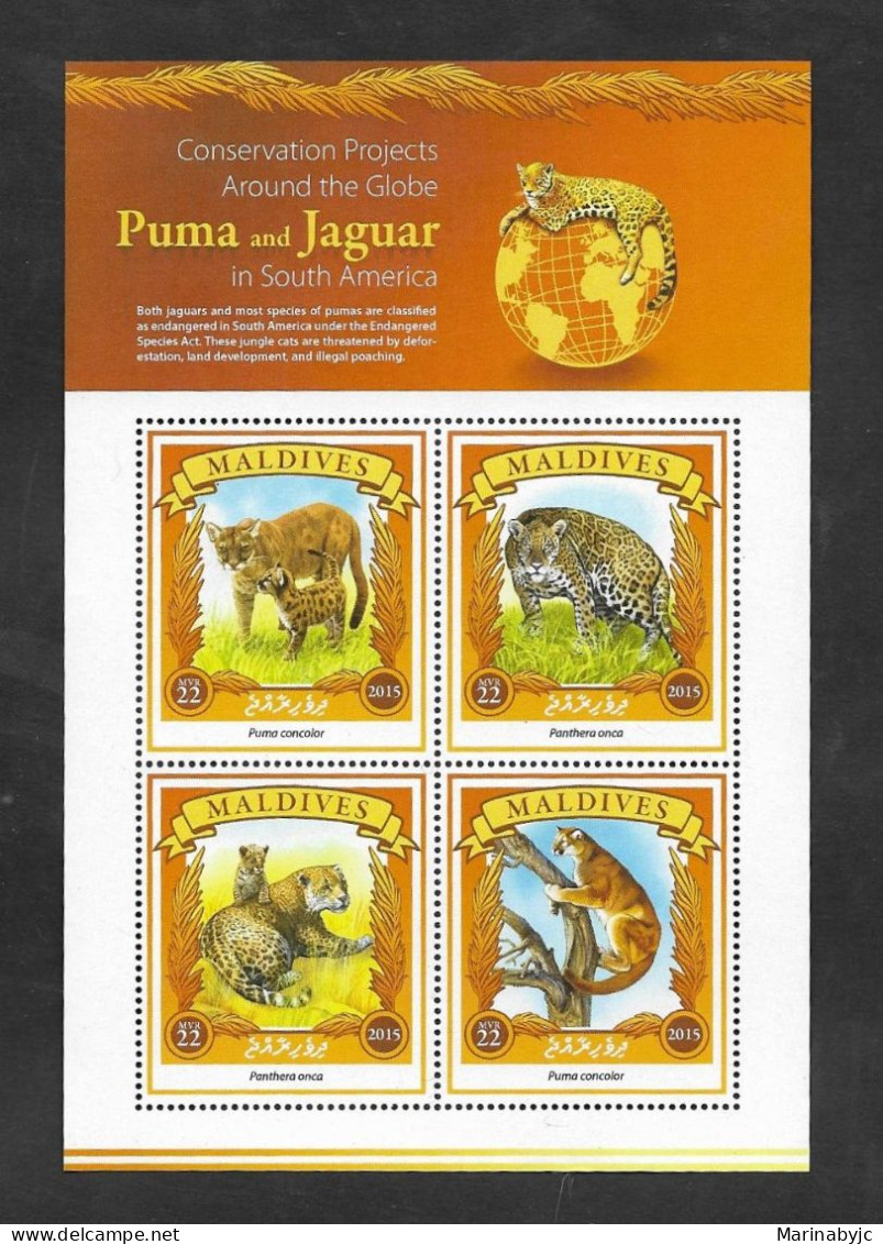 SD)2015 MALDIVES  FAUNA, WORLD CONSERVATION PROJECT, FELINES- THE PUMA & THE JAGUAR IN SOUTH AMERICA, SOUVENIR SHEET, MN - Maldivas (1965-...)