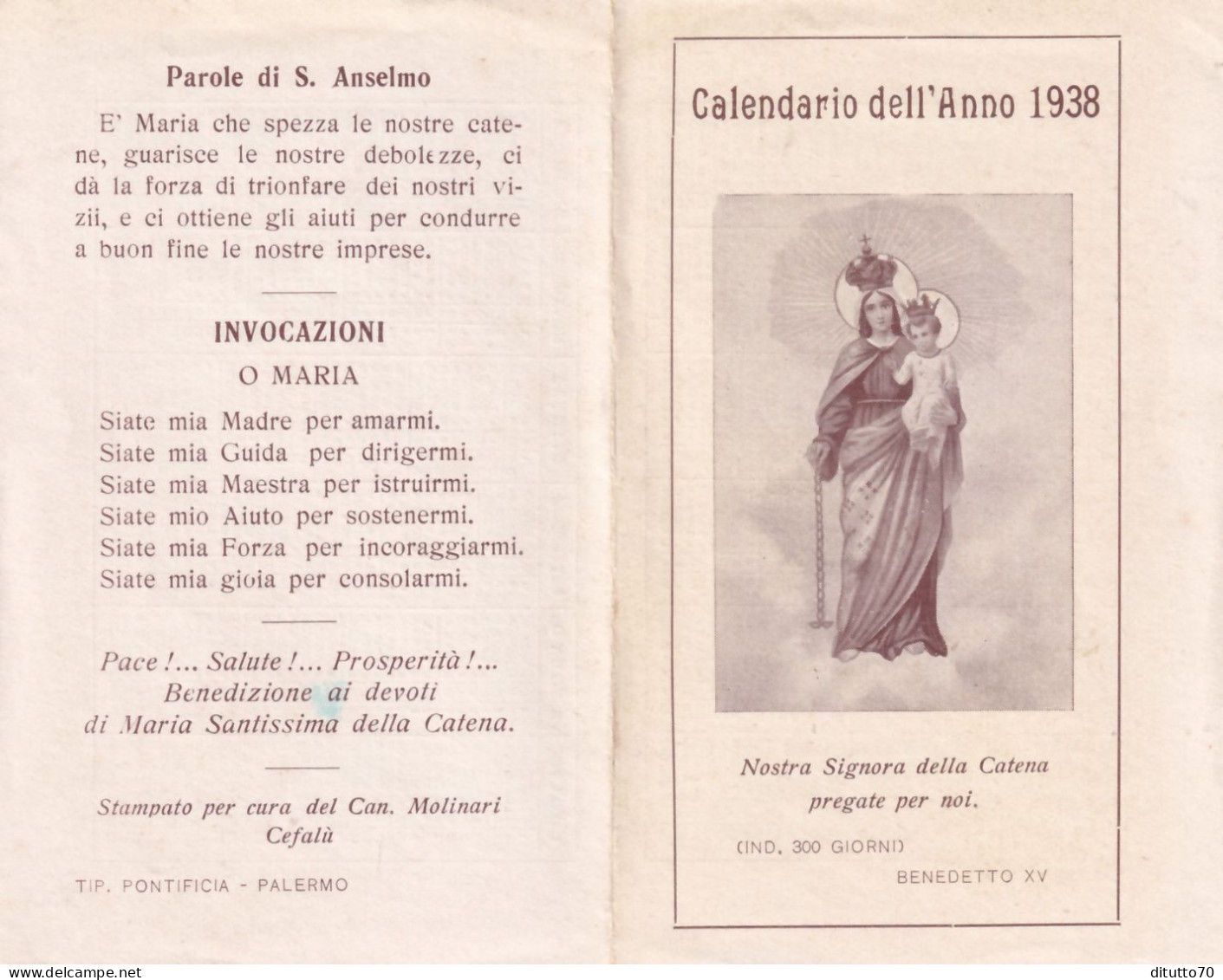 Calendarietto - Nostra Signora Della Catena - Anno 1938 - Petit Format : 1981-90