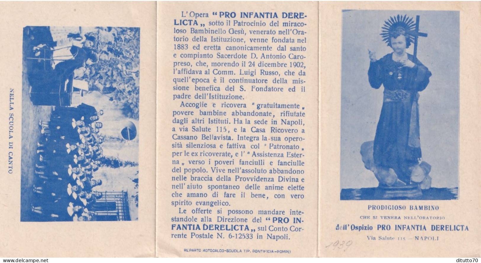 Calendarietto - Ospizio Pro Infantia Derelicta - Prodigioso Bambino - Napoli - Anno 1939 - Formato Piccolo : 1921-40