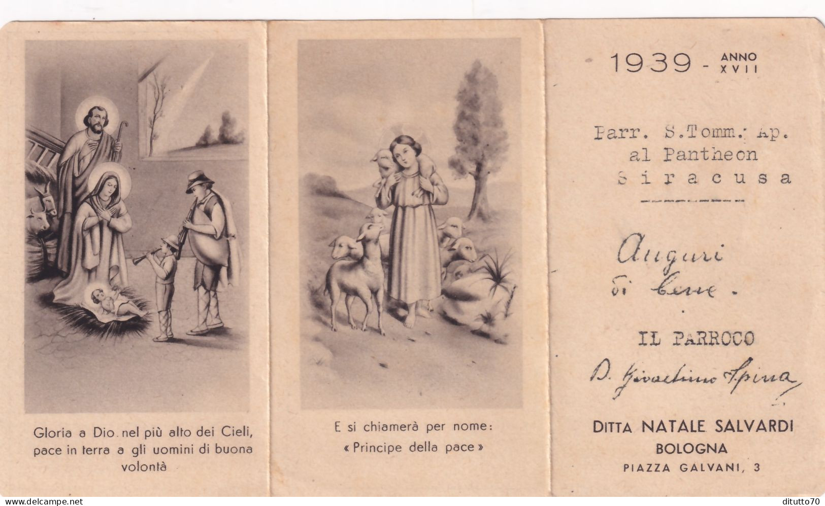 Calendarietto - Parr.s.tomm.ap. Al Pantheon - Siracusa - Ditta Natale Salvardi Bologna - Anno 1939 - Petit Format : 1921-40