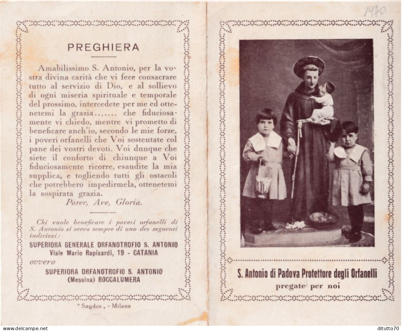 Calendarietto - Superiora Generae Orfanotrofio S.antonio - Catania - Roccalumera - Messina - Anno 1940 - Formato Piccolo : 1921-40