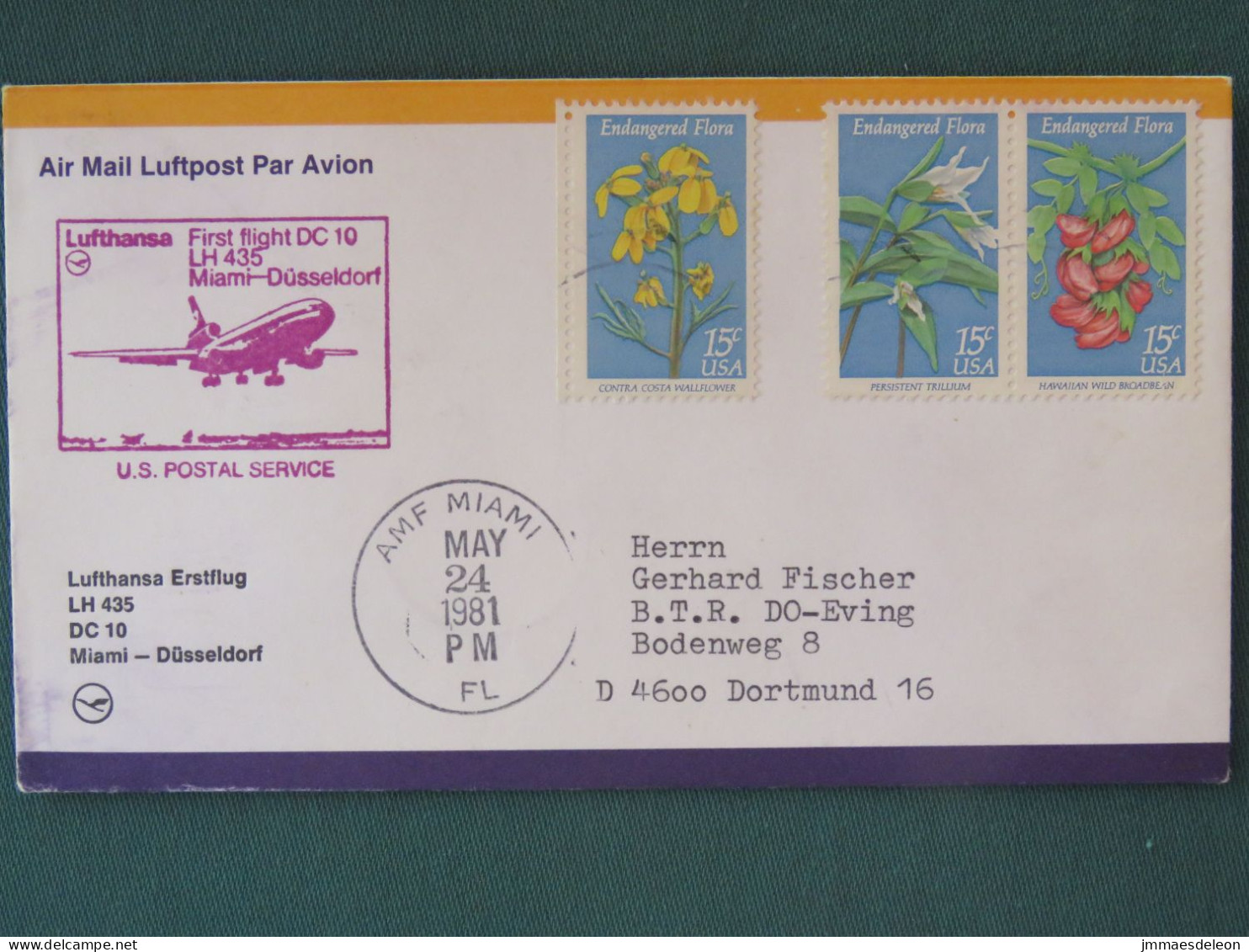 USA 1981 First Flight Miami - Dusseldorf - To Dortmund Germany - Flowers - Brieven En Documenten