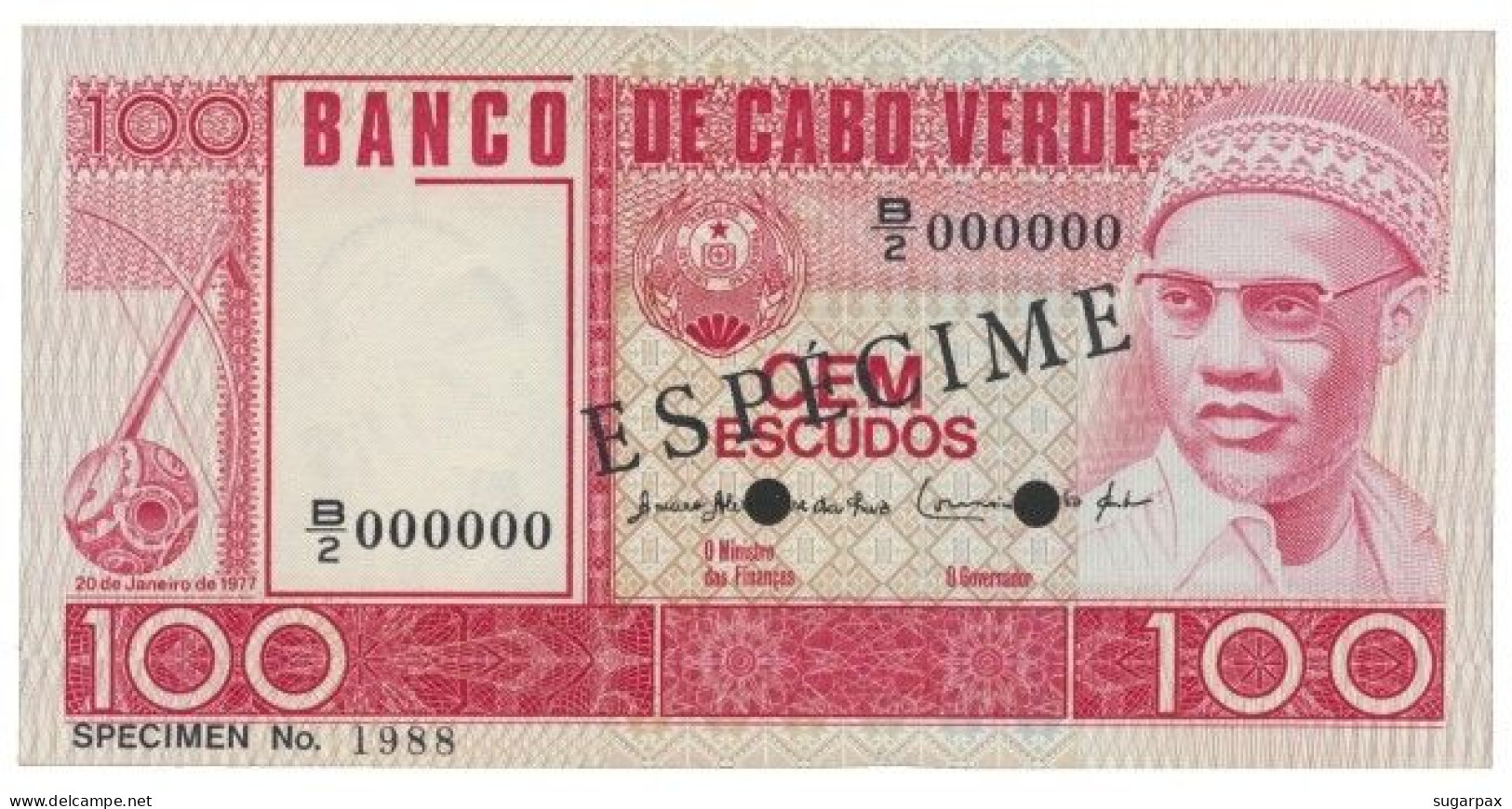 CAPE VERDE - 100 ESCUDOS - 20.01.1977 - Pick 54.s2 - Unc. - ESPÉCIME In BLACK - Cap Vert