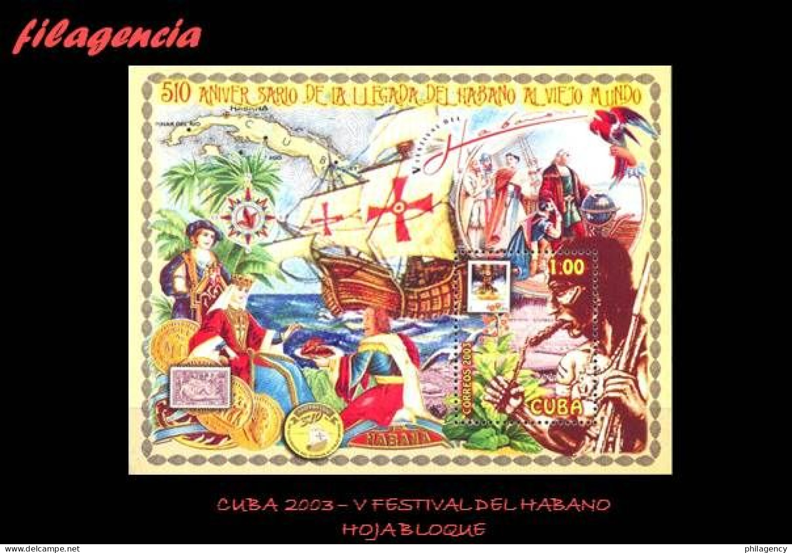 CUBA MINT. 2003-04 V FESTIVAL DEL HABANO. 150 AÑOS DE LA LLEGADA DEL HABANO A EUROPA. HOJA BLOQUE - Nuevos