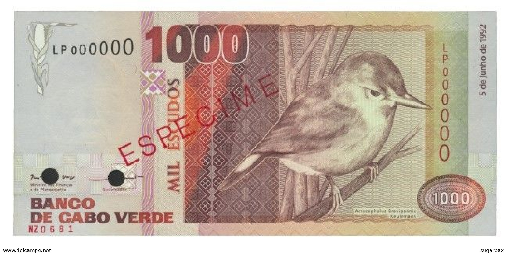 CAPE VERDE - 1000 ESCUDOS - 05.06.1992 - Pick 65.s1 - Unc. - ESPÉCIMEN In RED - 1 000 - Kaapverdische Eilanden