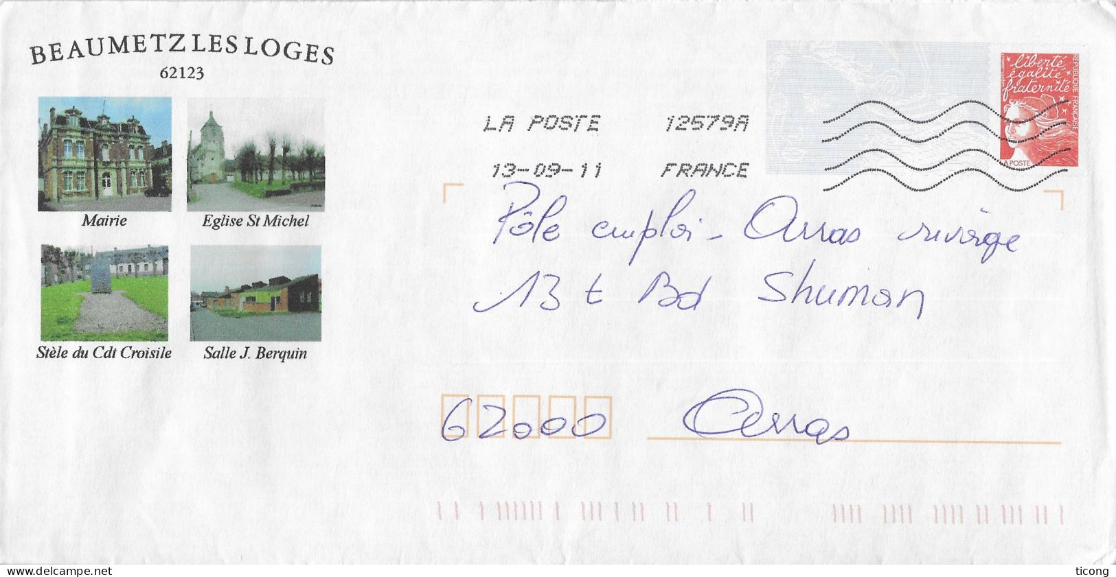 BAUMETZ LES LOGES PAS DE CALAIS - MAIRIE, EGLISE, SALLE BERQUIN, STELE CDT CROISILE, PAP ENTIER POSTAL FLAMME 2011 - Covers & Documents