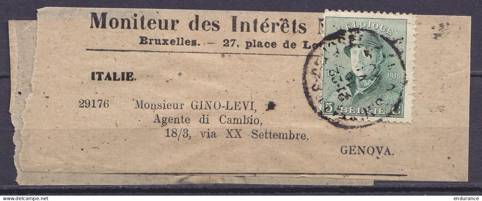 Bande D'imprimé "Moniteur Des Intérêts" Affr. N°167 Càd BRUXELLES /16 VII 1920 Pour GENOVA Italie - 1919-1920  Cascos De Trinchera