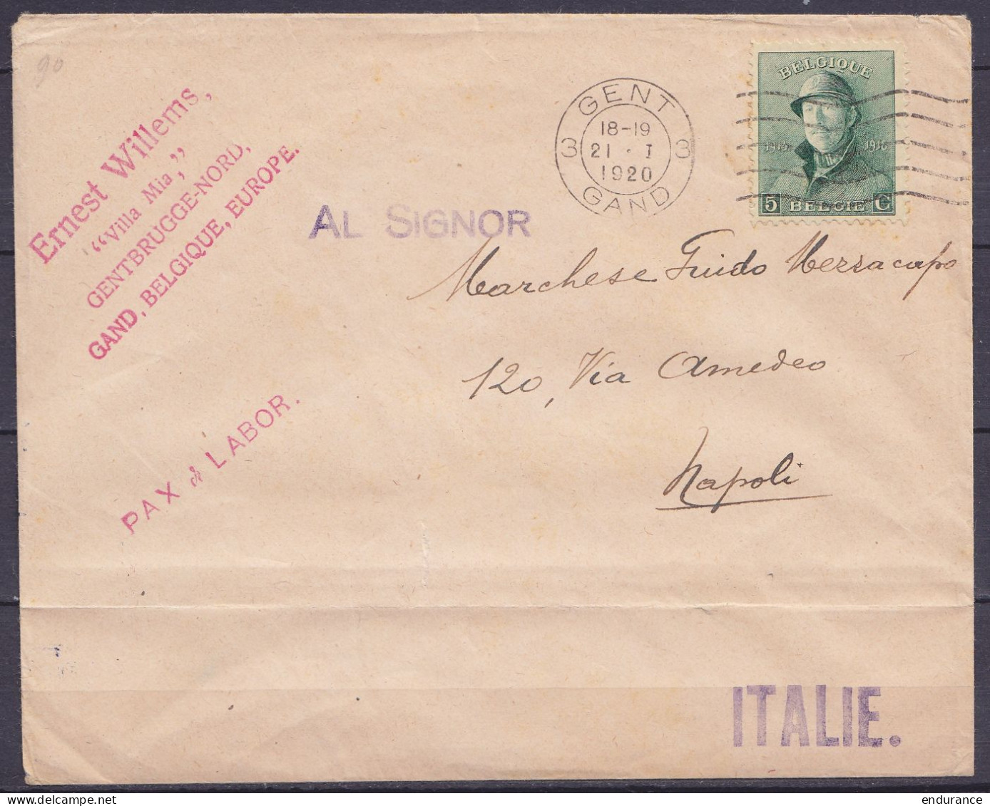 Env. Affr. N°167 (tarif Imprimés) Flam. "GENT 3/12.I 1920/ GAND 3" Pour NAPOLI (Naples) Italie - 1919-1920  Cascos De Trinchera