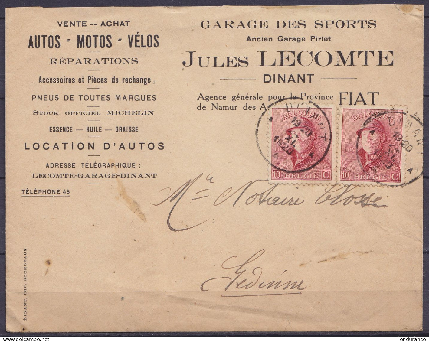 Env. "Autos-Motos-Vélos / Garage Des Sports J. Lecomte" Affr. 2x N°168 Càd DINANT /24 XI 1920 Pour GEDINNE (au Dos: Càd  - 1919-1920 Roi Casqué