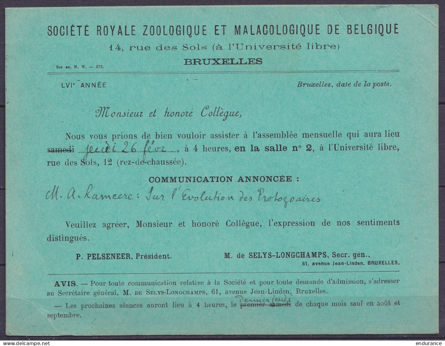 Carte Imprimé "Société Zoologique Et Malacologique De Belgique" Affr. N°167 Flam. BRUXELLES (Q.L.) /23.II 1920/ BRUSSEL  - 1919-1920 Trench Helmet