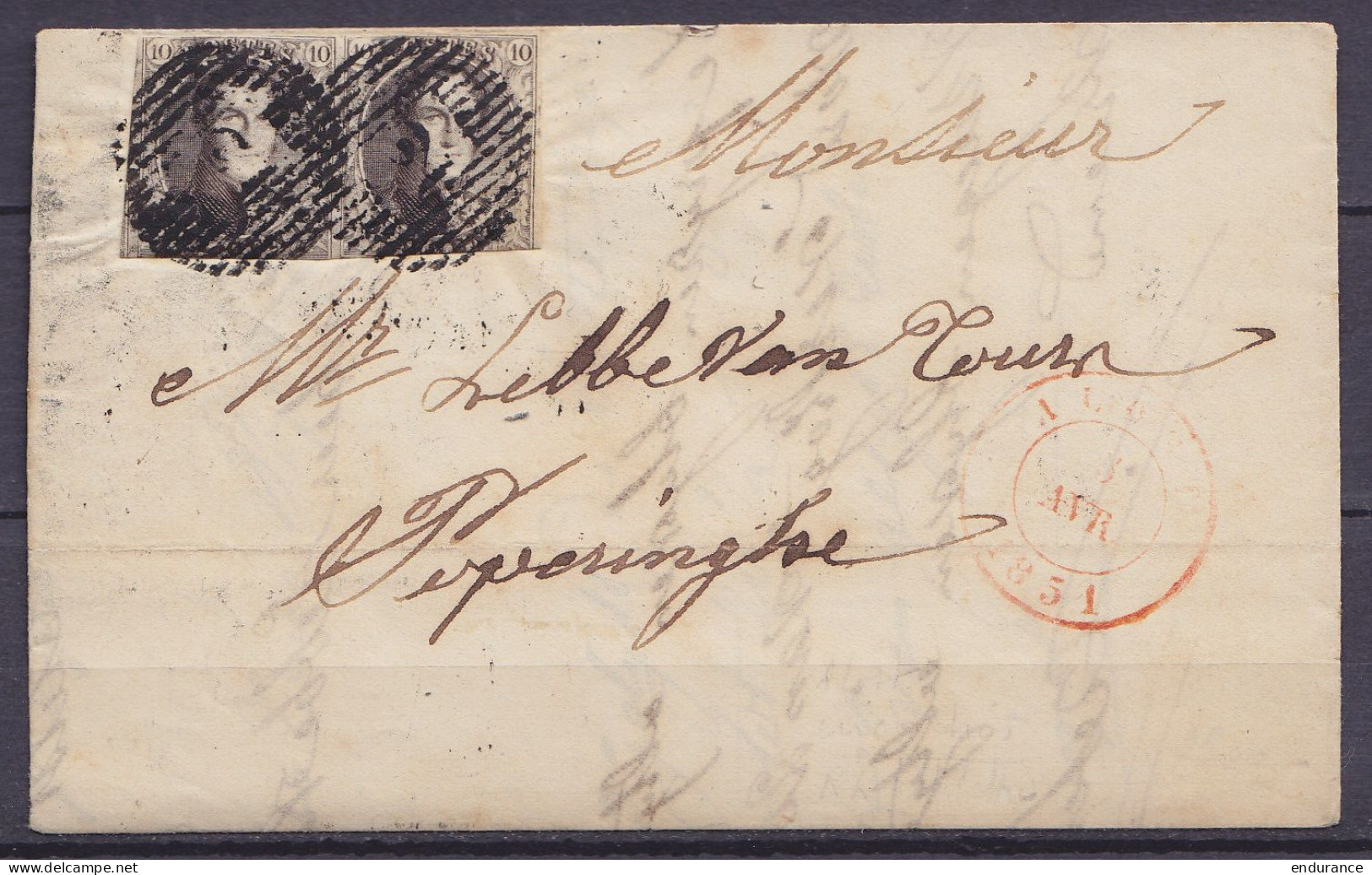 L. Affr. Paire N°3 P2 Càd ALOST /5 AVRIL 1851 Pour POPERINGHE (au Dos: Càd Arrivée POPERINGHE) - 1849-1850 Medallions (3/5)