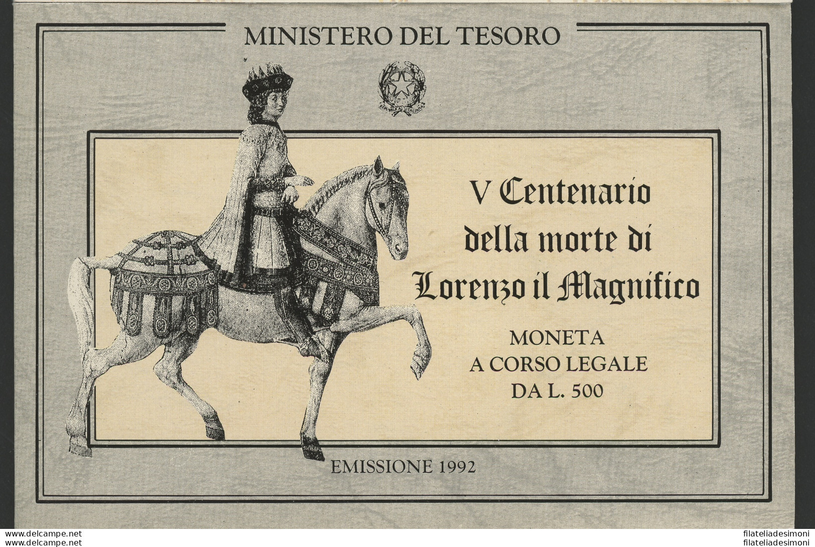 1992 Italia - Repubblica Italiana - 500 Lire Commemorative Lorenzo Il Magnifico - Cartoncino Ufficiale - FDC - 500 Liras