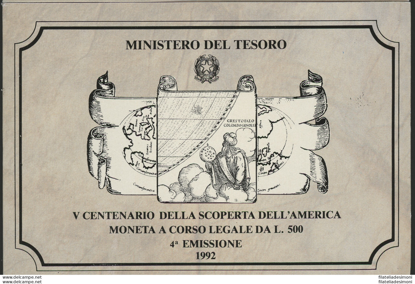 1992 Italia - Repubblica Italiana - 500 Lire Commemorative Scoperta America - 4 Emissione - Cartoncino Ufficiale - FDC - 500 Lire