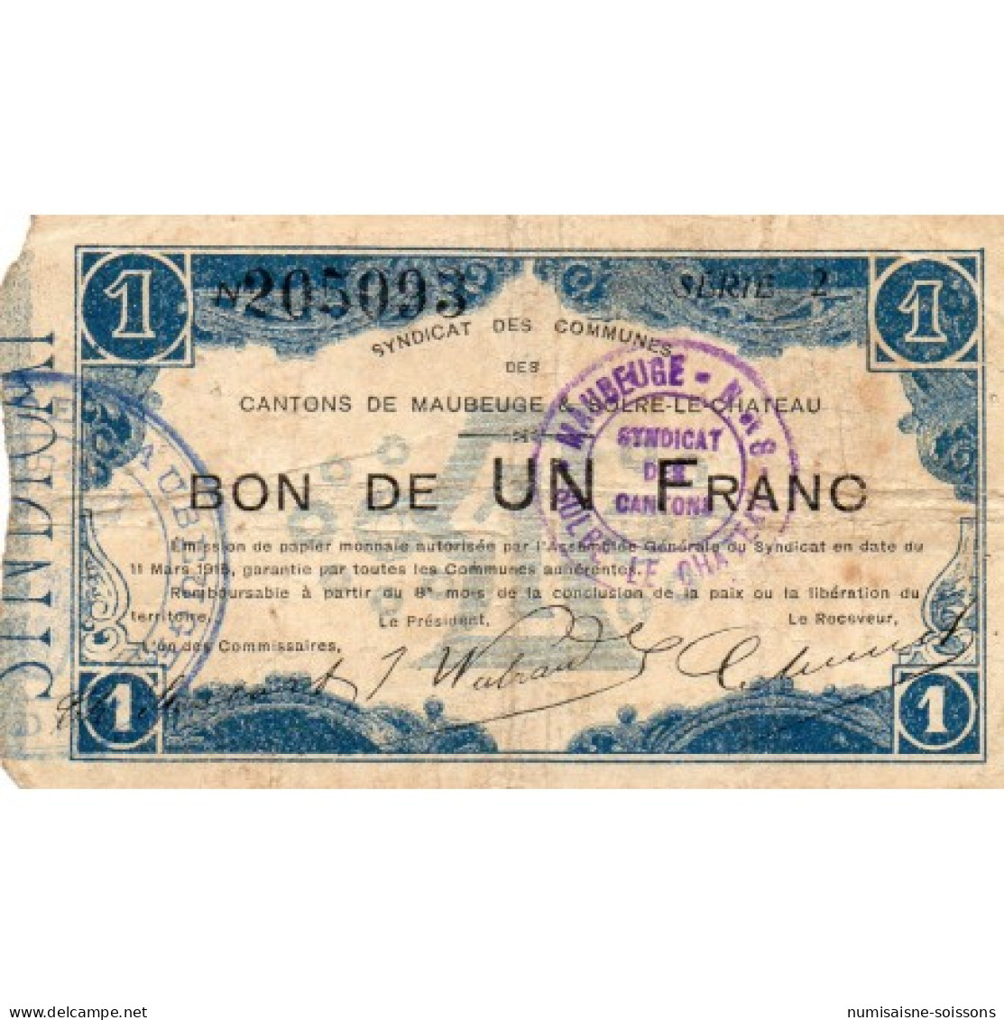 59 - MAUBEUGE - SOLRE-LE-CHATEAU - BON DE 1 FRANC - 11/03/1915 - Non Classificati