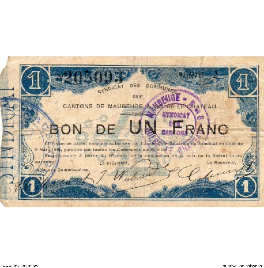 59 - MAUBEUGE - SOLRE-LE-CHATEAU - BON DE 1 FRANC - 11/03/1915 - Ohne Zuordnung