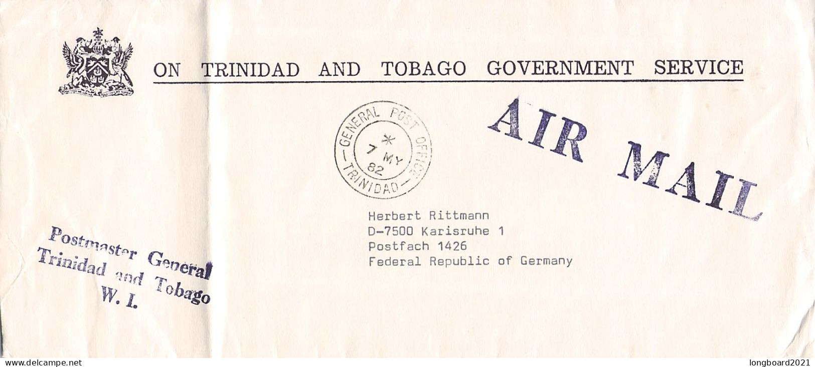 TRINIDAD & TOBAGO - GOVERNMENT SERVICE AIR  LETTER 1982 - KARLSRUHE/DE / 5199 - Trindad & Tobago (1962-...)