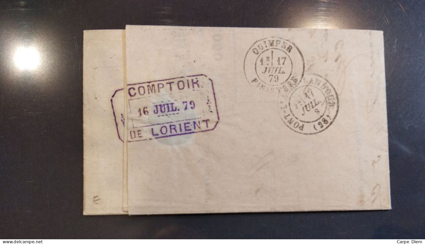 RARE FRANCE AO 149 LETTRE  A.O 149  INDICE 7 SUR 75 ET 89 PERFORE COMPTOIR LORIENT 1879 MAGNIFIQUE - Storia Postale