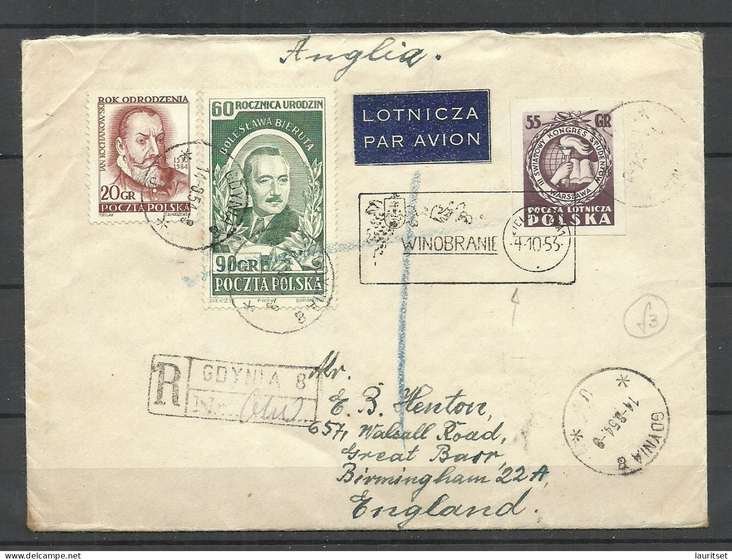 POLEN Poland 1954 O Gdynia Registered Air Mail Cover To Great Britain Mi 799 Imperforated Etc. - Brieven En Documenten