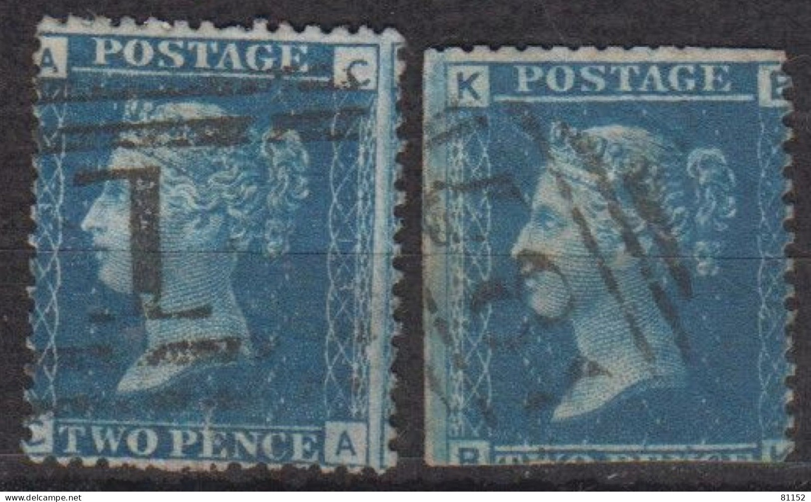 Lot De 2  GRANDE-BRETAGNE   Victoria   2p Bleu, Dentelé   Y.T. 27  Oblitéré   Scan Recto-verso Année 1858-64 - Usati