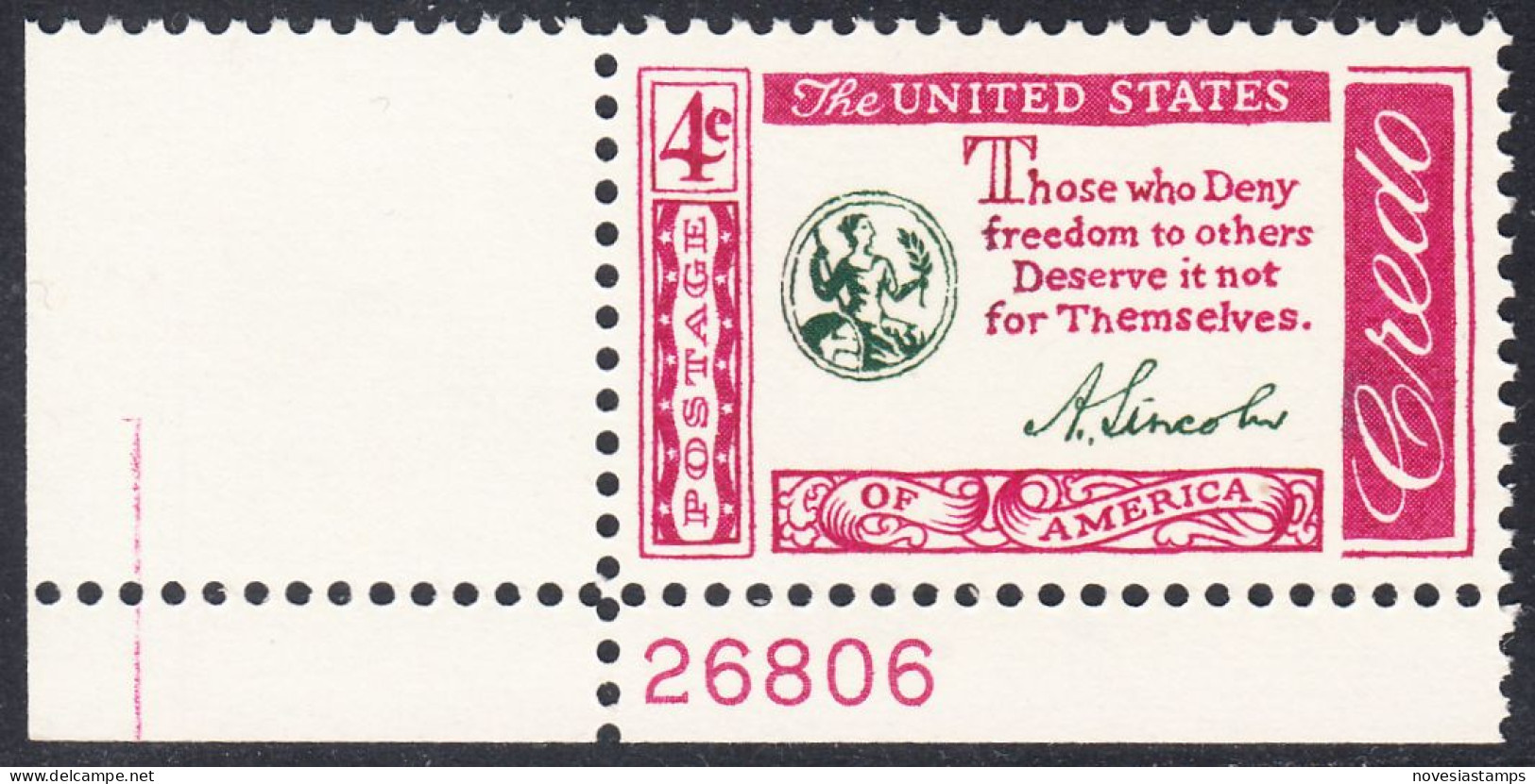 !a! USA Sc# 1143 MNH SINGLE From Lower Left Corner W/ Plate-# 26806 - American Credo: Lincoln - Nuovi