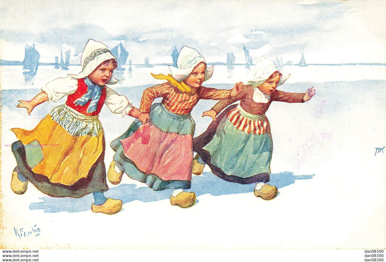 TROIS FILLETTES EN COSTUME TRADITIONNEL AUTRICHIEN GLISSENT SUR LA GLACE AVEC LEURS SABOTS - Feiertag, Karl