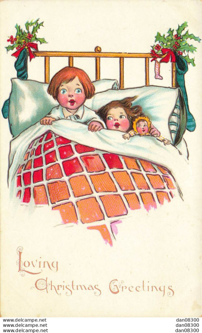 LOVING CHRISTMAS GREETINGS DEUX ENFANTS ET UNE POUPEE AU LIT - Tuck, Raphael