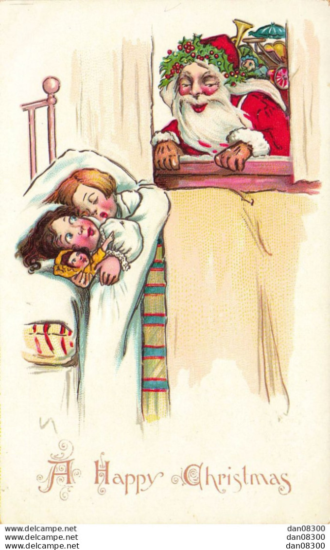 A HAPPY CHRISTMAS DEUX ENFANTS ET UNE POUPEE AU LIT ET LE PERE NOEL A LA FENETRE CARTE GAUFFREE - Tuck, Raphael