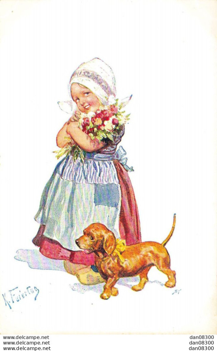 PETITE FILLE  AVEC UN CHIEN  DES FLEURS DANS LES BRAS EN COSTUME TRADITIONNEL D'AUTRICHE  ILLUSTRATION FEIERTAG - Feiertag, Karl