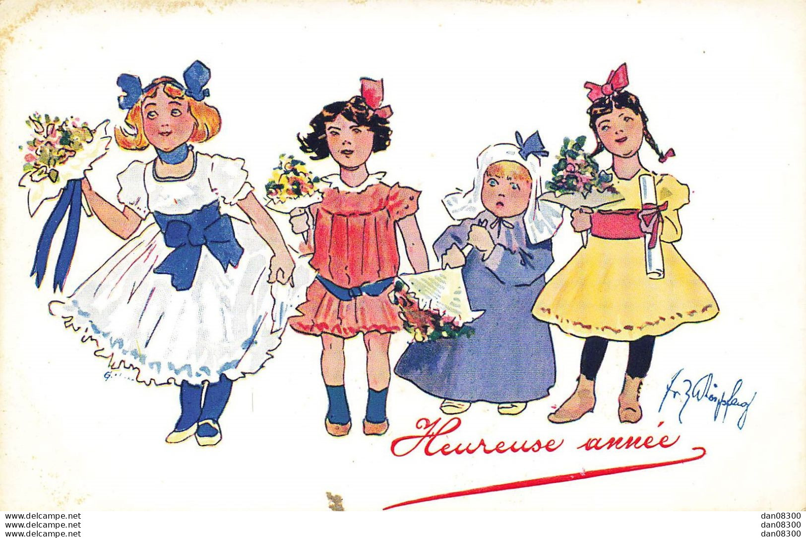 HEUREUSE ANNEE DES FILLETTES AVEC DES FLEURS  ILLUSTRATION SCHOENPFLUG - Schoenpflug, Fritz