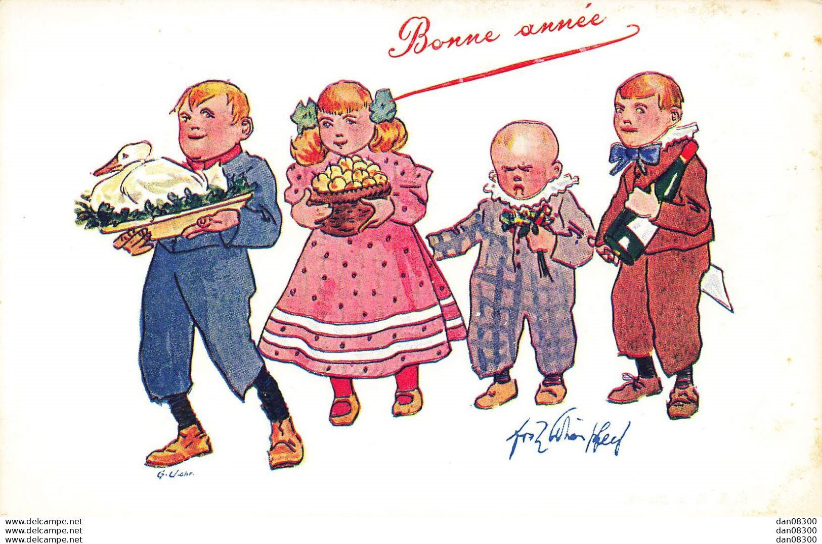 BONNE ANNEE ENFANTS APPORTENT UNE OIE DU VIN ET DES FRUITS   ILLUSTRATION SCHOENPFLUG - Schoenpflug, Fritz